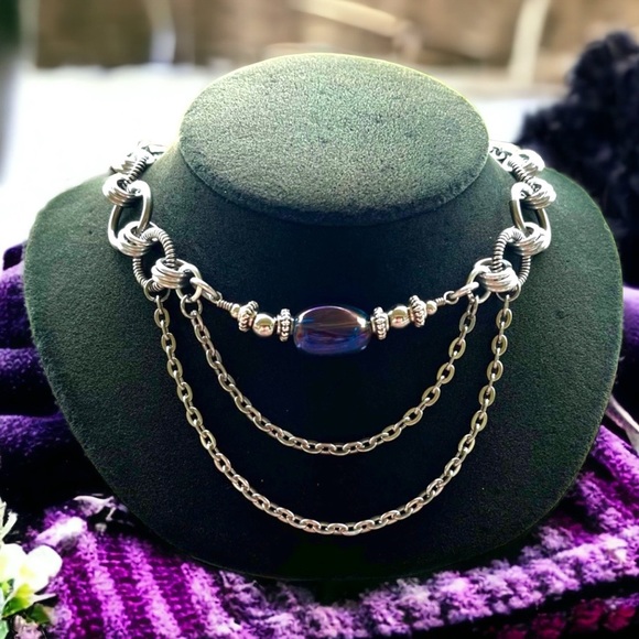 Handmade maille choker necklace blue purple aura crystal stainless steel chain - Picture 3 of 14